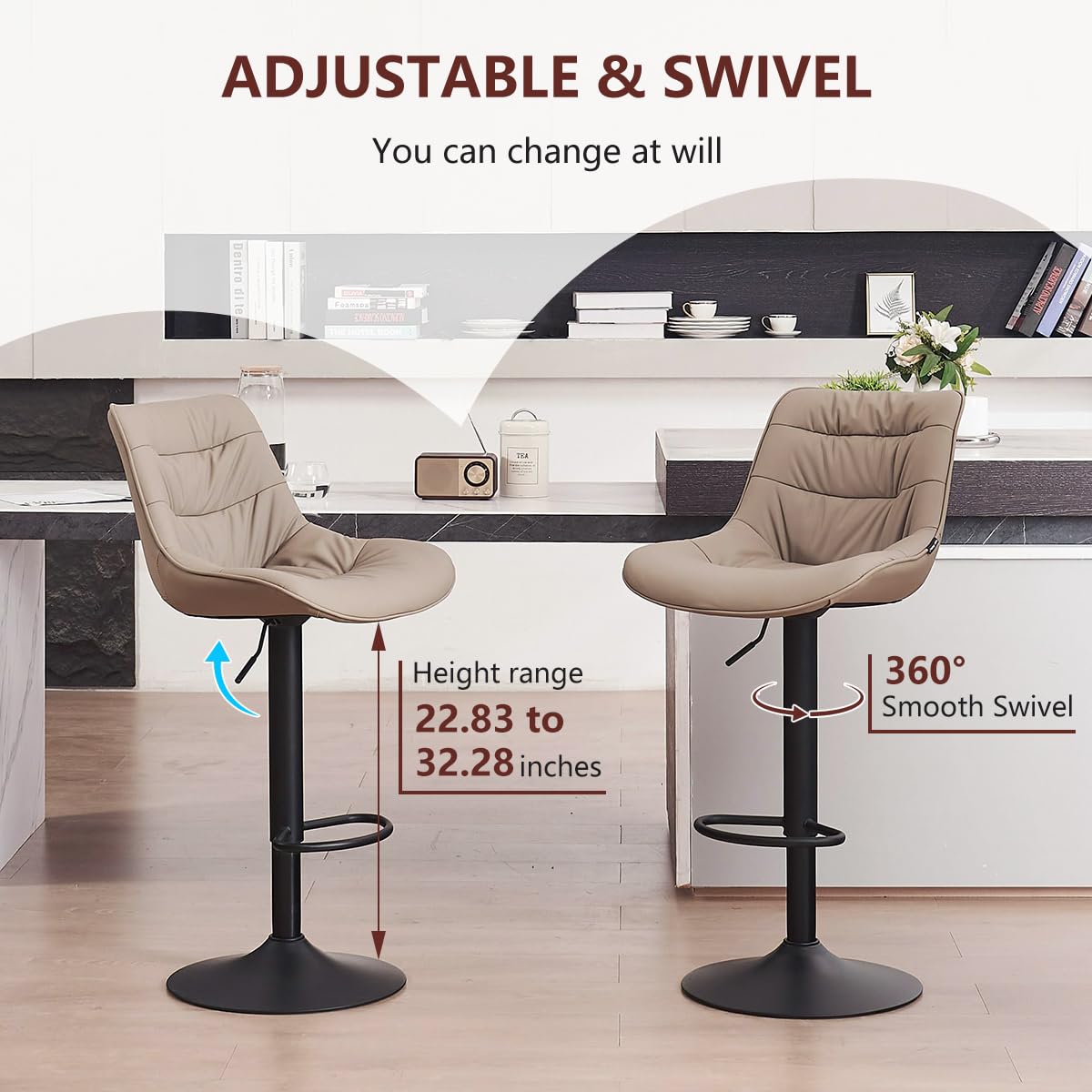 Kidol & Shellder Adjustable Bar Stools Set of 2, Faux Leather Counter Height BarStools with Back and Metal Base, Modern Mid Century Upholstered Bar stools for Kitchen Island Khaki