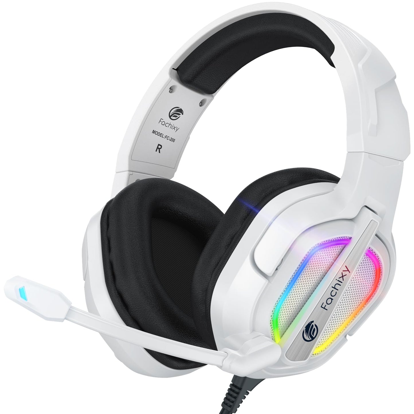 Fachixy FC200 Gaming Headset with Microphone for PS4, PS5, Switch, Xbox, Mac, PC Gaming Headphones with Mic, Gamer Headset with RGB Light - White-Black