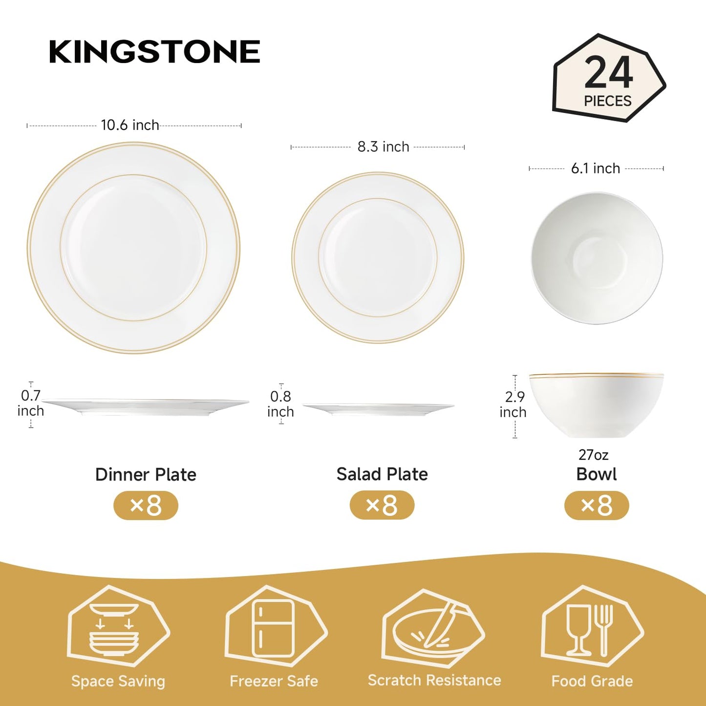 KINGSTONE Bone China Dinnerware Sets, 24-Piece Dishes Set for 8, Elegant Gold Trim Ceramic Plates & Bowls, Luxury Gift, Lightweight Translucent Dishware for Family Dining, Festival Banquet & Party