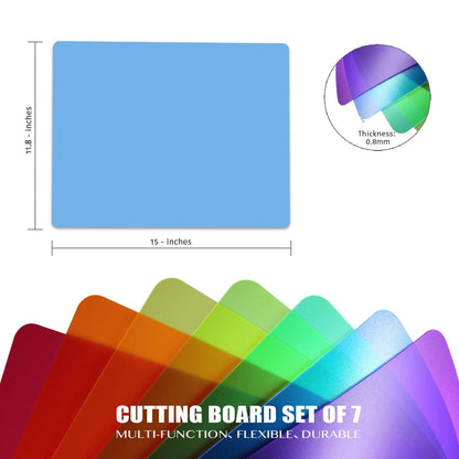 Fotouzy Plastic Cutting Boards for Kitchen, Flexible Cutting Mats Set of 7, BPA-Free, Non-Porous, Dishwasher Safe, 15x12 In, 7 Translucent Colors