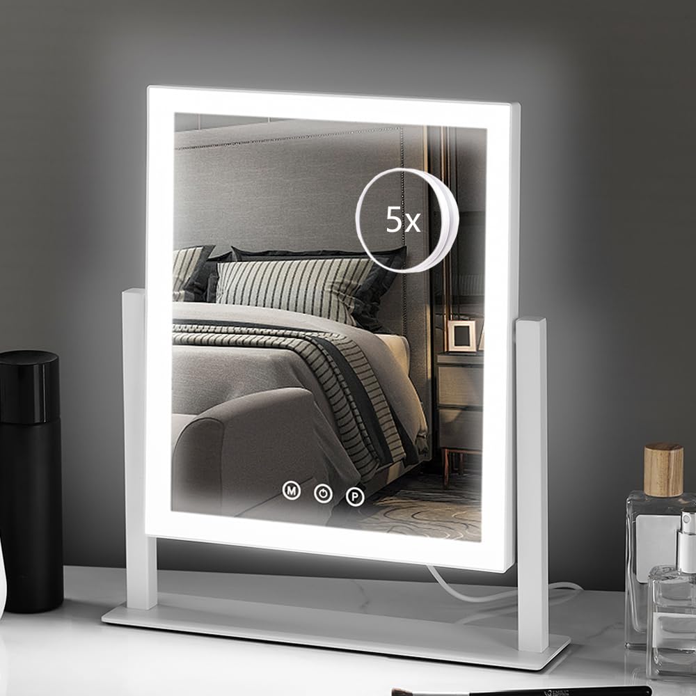 HIEEY Lighted Makeup Mirror, Hollywood Vanity Mirror with Lights, Three Color Lighting Modes, and 5X Magnification Mirror, Smart Touch Control, 360°Rotation (17.3in,White,Gift Box)