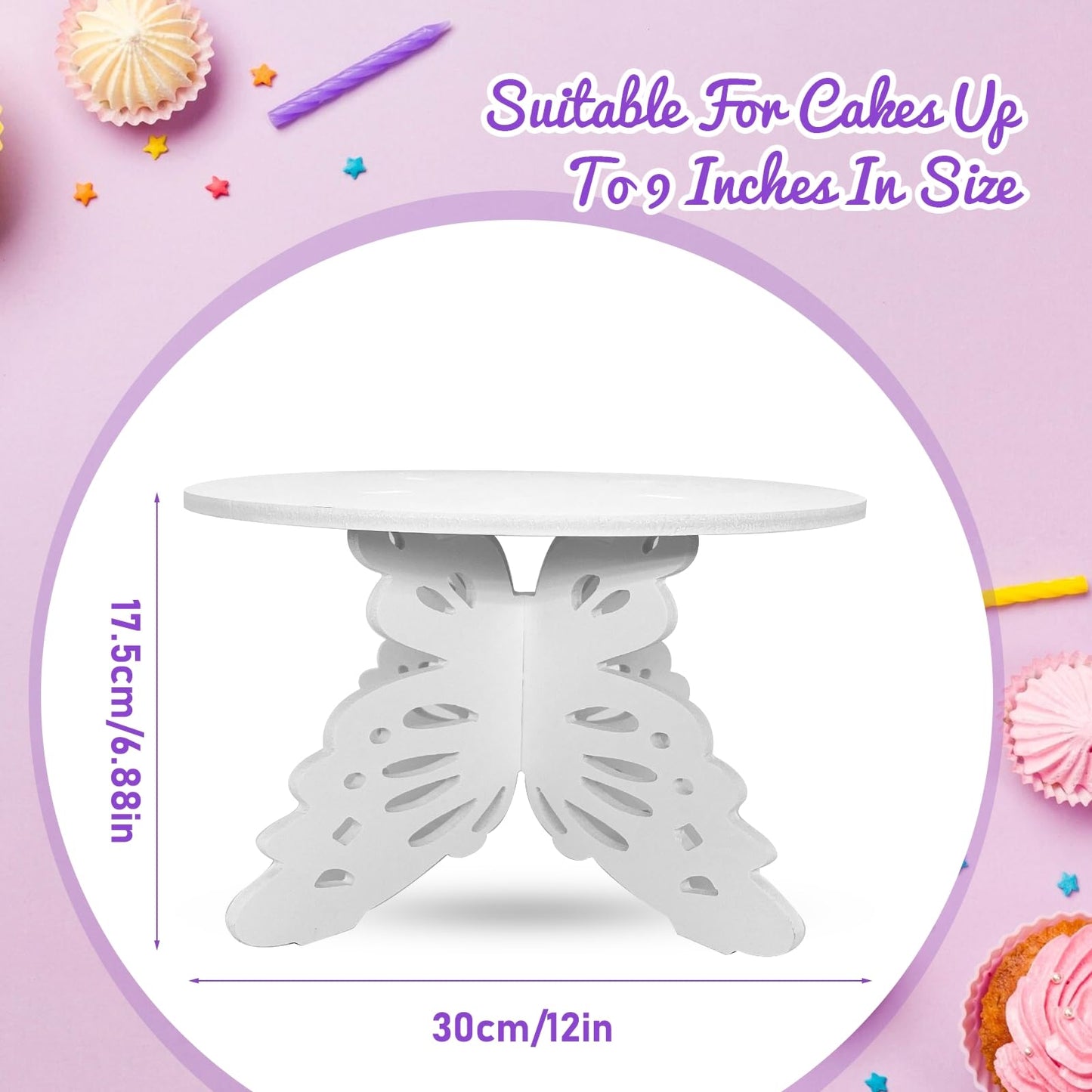 AOCEAN 12 Inch Butterfly Cake Stand, White Butterfly PVC Cake Holder for Birthday Wedding Party, Round Cake Stand for Dessert Table