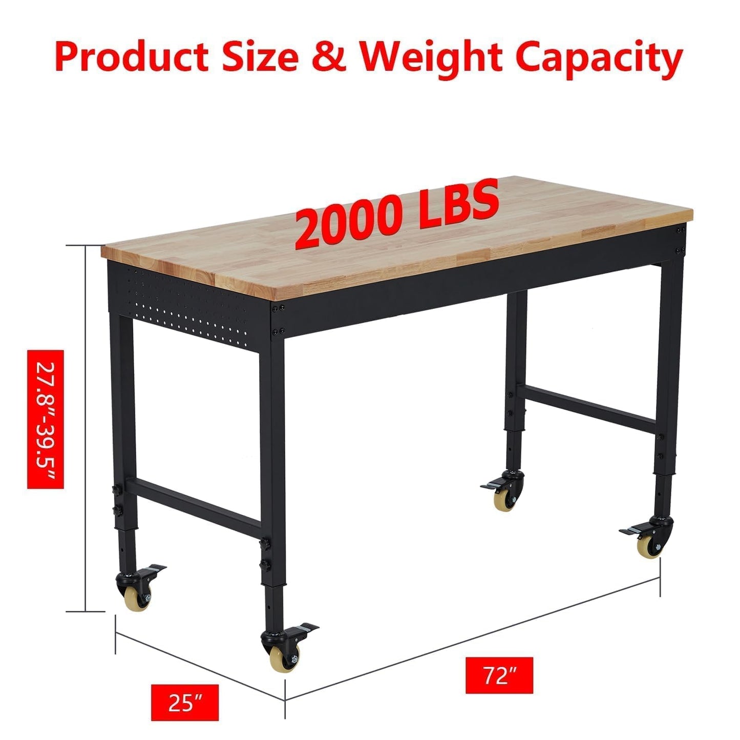 72” Adjustable Workbench with Drawer & Backplate, Heavy Duty Rolling Work Table, 2000 LB Capacity, Rubberwood Top, Power Outlets, Lockable Wheels, Garage Workshop Workbench with Storage