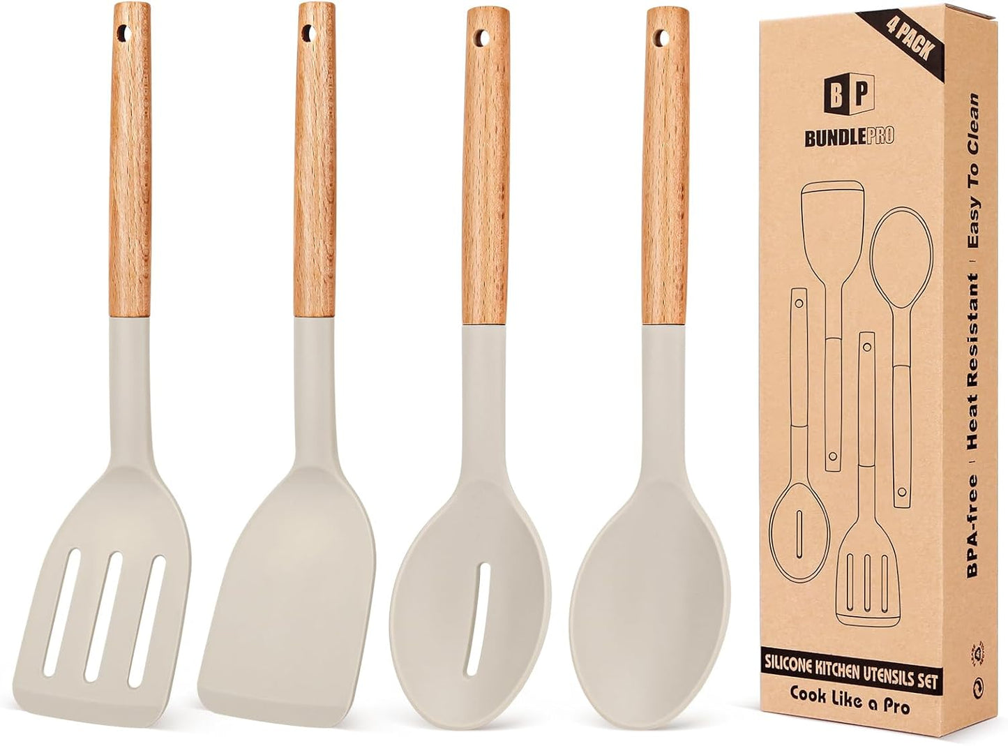 Skiennix Silicone Cooking Utensils Set - Non-Stick Spatulas & Heat-Resistant Spoons | 4-Piece Khaki Kitchen Set