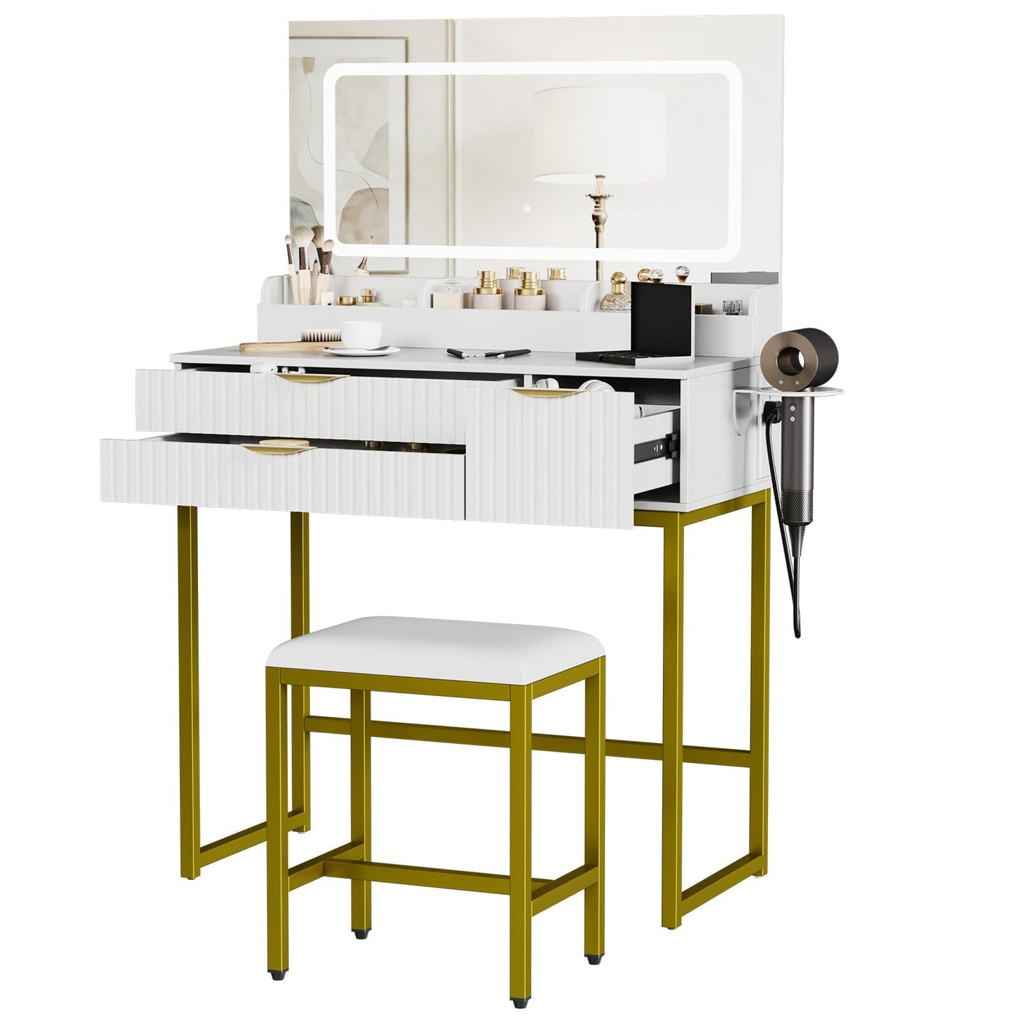GAOMON 31.5" Glass Top Vanity Desk with LED Mirror – 3 Lighting Modes, Power Outlet, 3 Drawers, Hair Dryer Rack, Stool, Modern Makeup Table for Bedroom, White Board + Gold Metal Frame