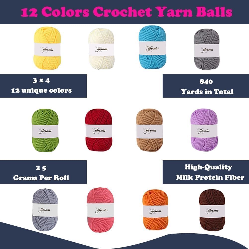 Yarniss Crochet Kit for Beginners,All in One Crochet Kits with 840 Yards Crochet Yarn,Ergonomic Crochet Hooks Set with Yarn for Adults,Navy