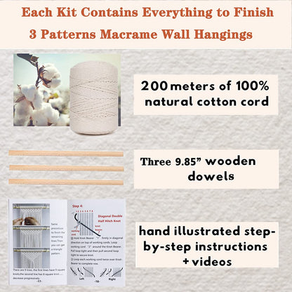 RQWZBCHX DIY Macrame Wall Hanging Kits, 3 Patterns Macrame DIY Wall Hangers for Beginners, Home Decor with 200 Meters Macrame Cord, 3 PCS Wooden Dowels and Instruction Booklet for Macrame Starters