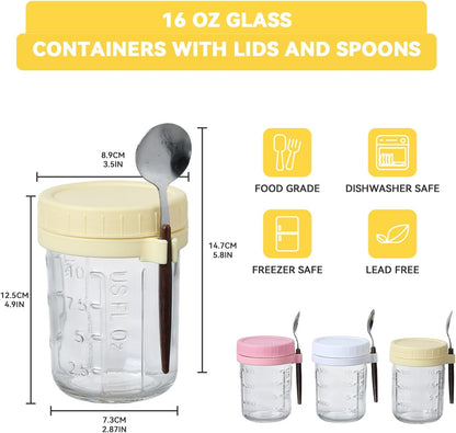 6 Pack Spoons,16 Oz (3 novelinks Overnight Oats Containers with Lids and Mason Jars, Leak Proof Overnight Oats Jars
