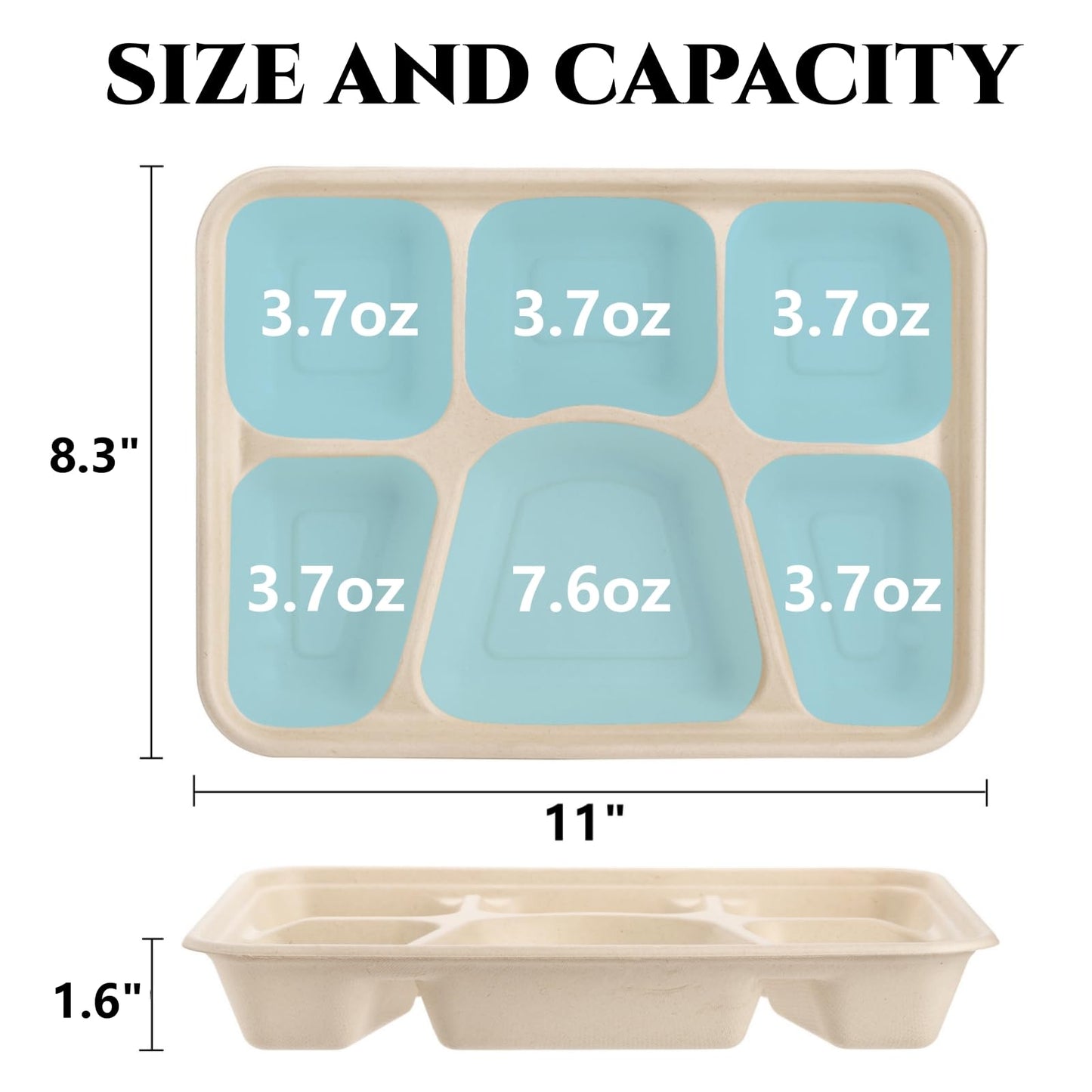 Peohud 50 Pack 6 Compartment Disposable Paper Plates, Bagasse School Lunch Tray, Heavy-Duty Sugarcane Plates, Microwavable Safe
