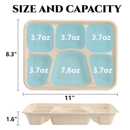 Peohud 50 Pack 6 Compartment Disposable Paper Plates, Bagasse School Lunch Tray, Heavy-Duty Sugarcane Plates, Microwavable Safe