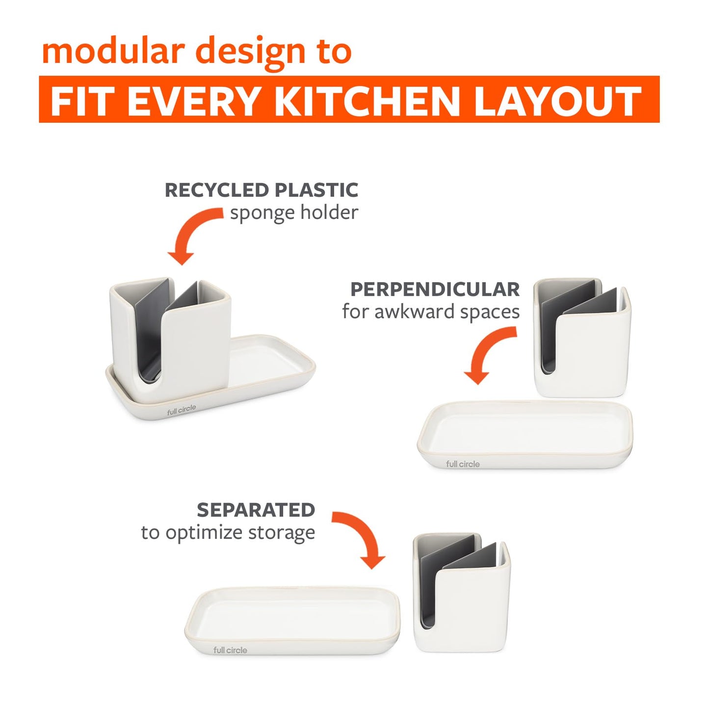 Full Circle Stash, Ceramic Kitchen Sink Caddy, Stylish Sponge Holder & Dish Brush Organizer, Easy to Clean, Dishwasher Safe, Rustproof, White and Gray, 11"