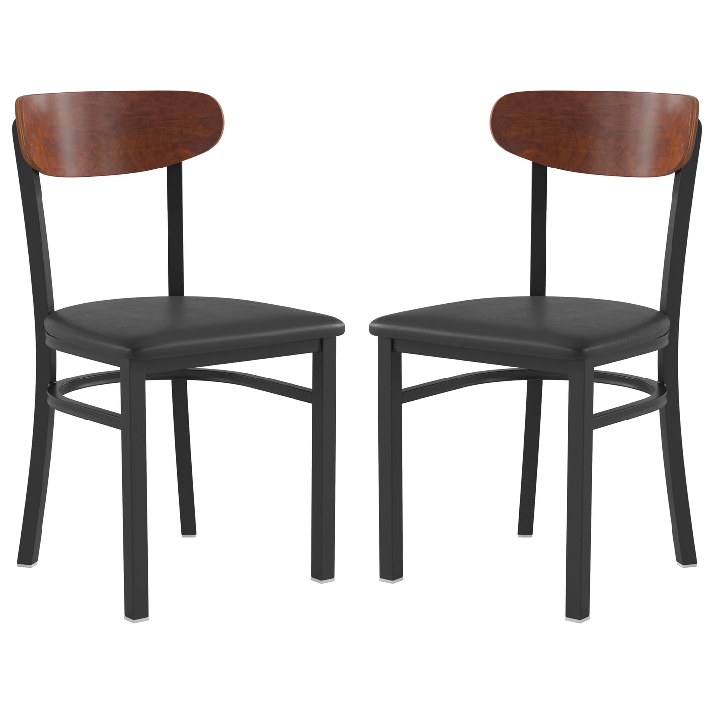 Flash Furniture Wright Set of 2 Commercial Dining Chairs - Walnut Wood Boomerang Back - Black Vinyl Seat - 500 LB. Capacity Black Steel Frame-Integrated Footrest