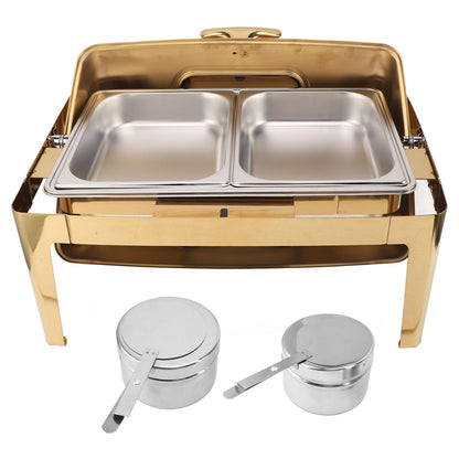Qiilu Premium Buffet Chafing Dish Stainless Steel Chafer 9L Buffet Catering Food Warmer with Transparent Glass Lid and HighQuality Heating Method (Plated Gold)
