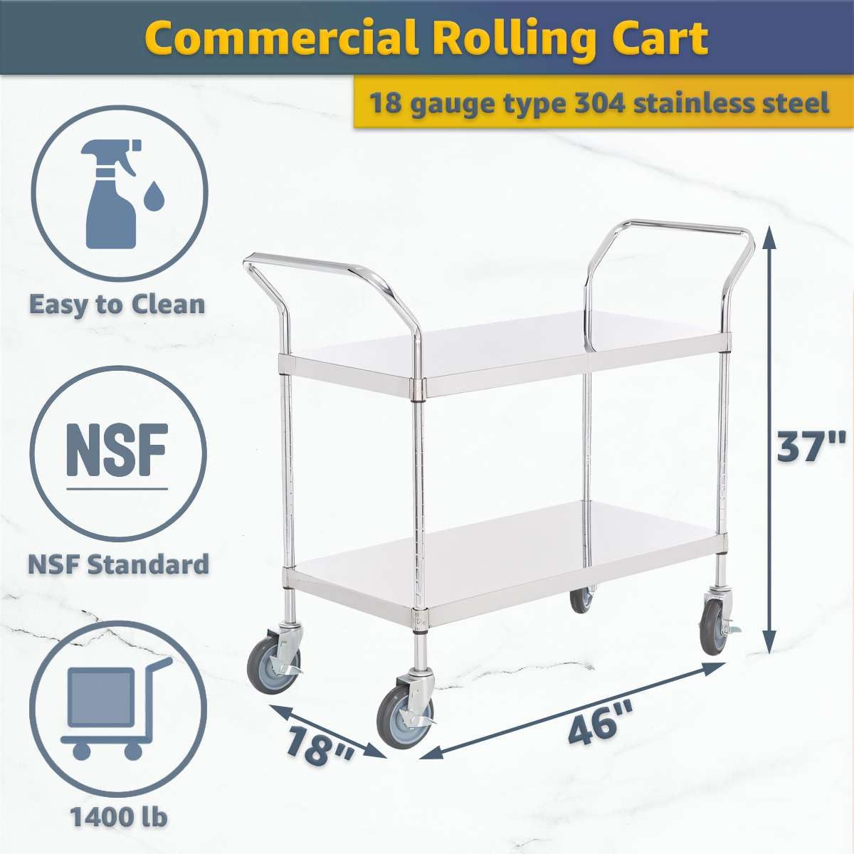18" x 46" x 37" Stainless Steel Two Shelf Utility Cart - Commercial Heavy-Duty NSF Service Cart with Handles, Storage Rolling Shelving for Warehouse, Office, Food Service