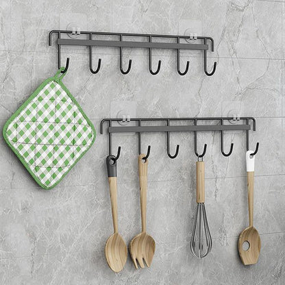 2Pcs Kitchen Utility Hooks - Wall Mount Utensil Rack with 6 Hooks, Space Saving Kitchen Holder (Black)