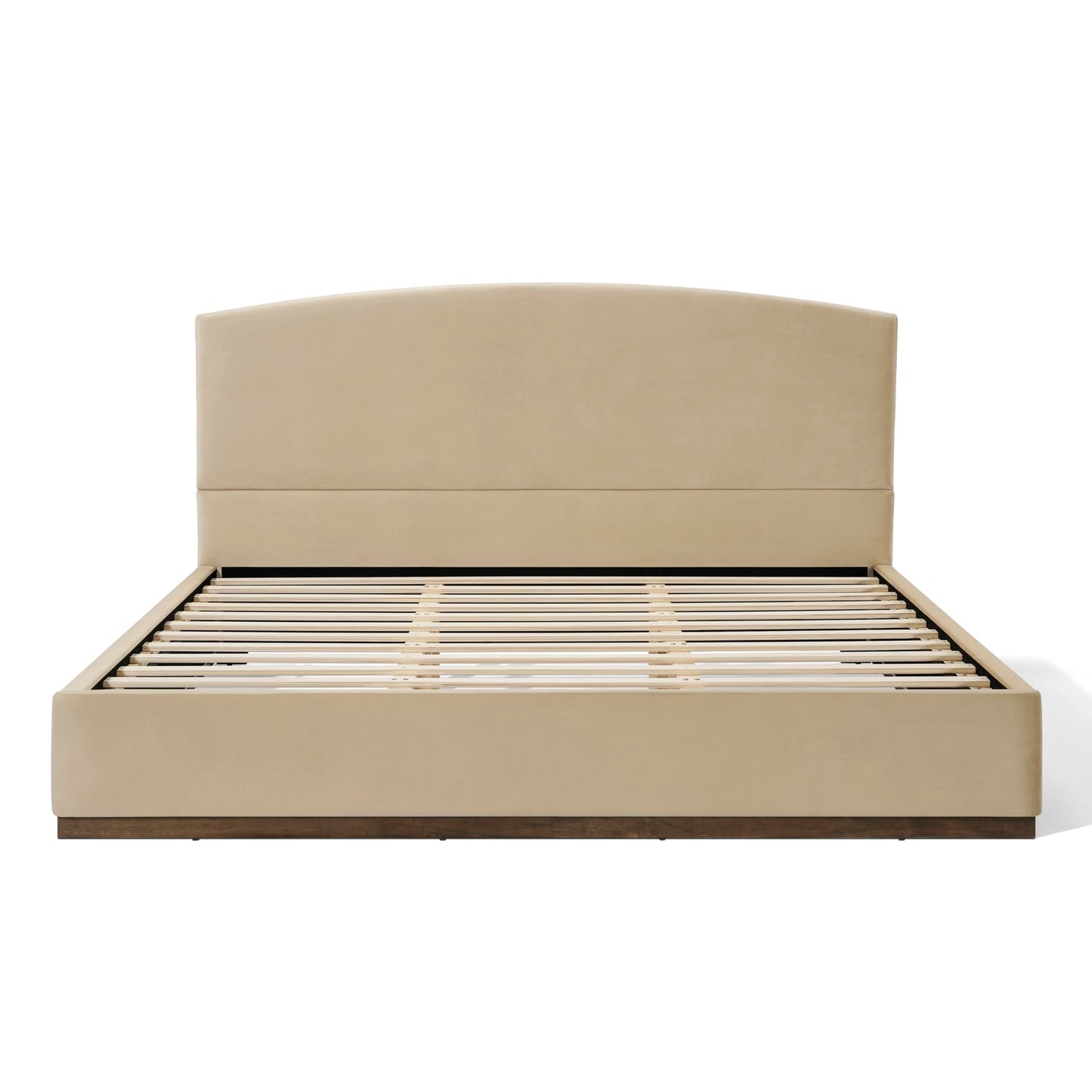King Size Upholstered Bed Frame with Velvet Fabric Thick Headboard, Solid Wood Base, Camel