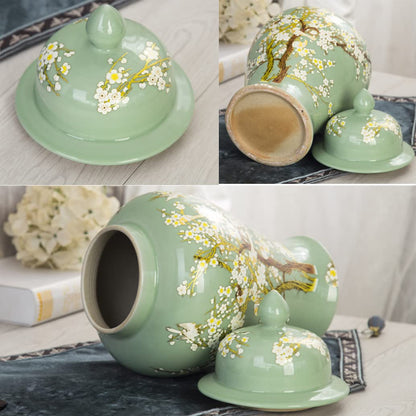 EliteBloom Green Ceramic Ginger Jar With Lid For Home Decor,Traditional Chinese Trees And Flowers Temple Jar, Jingdezhen Handcrafted Porcelain Vase Centerpiece Decor M (Green L) (Green L)