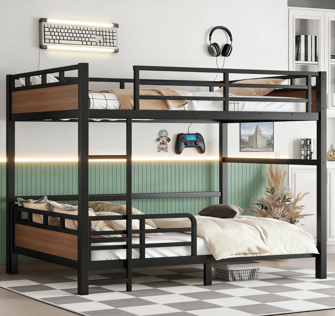 Bellemave Detachable Bunk Bed Queen Over Queen, Metal Bunk Bed with Guardrails, Queen Size Loft beds for Kids, Teens & Adults（Walnut Color）