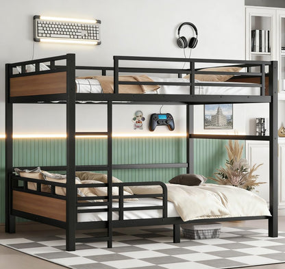 Bellemave Detachable Bunk Bed Queen Over Queen, Metal Bunk Bed with Guardrails, Queen Size Loft beds for Kids, Teens & Adults（Walnut Color）