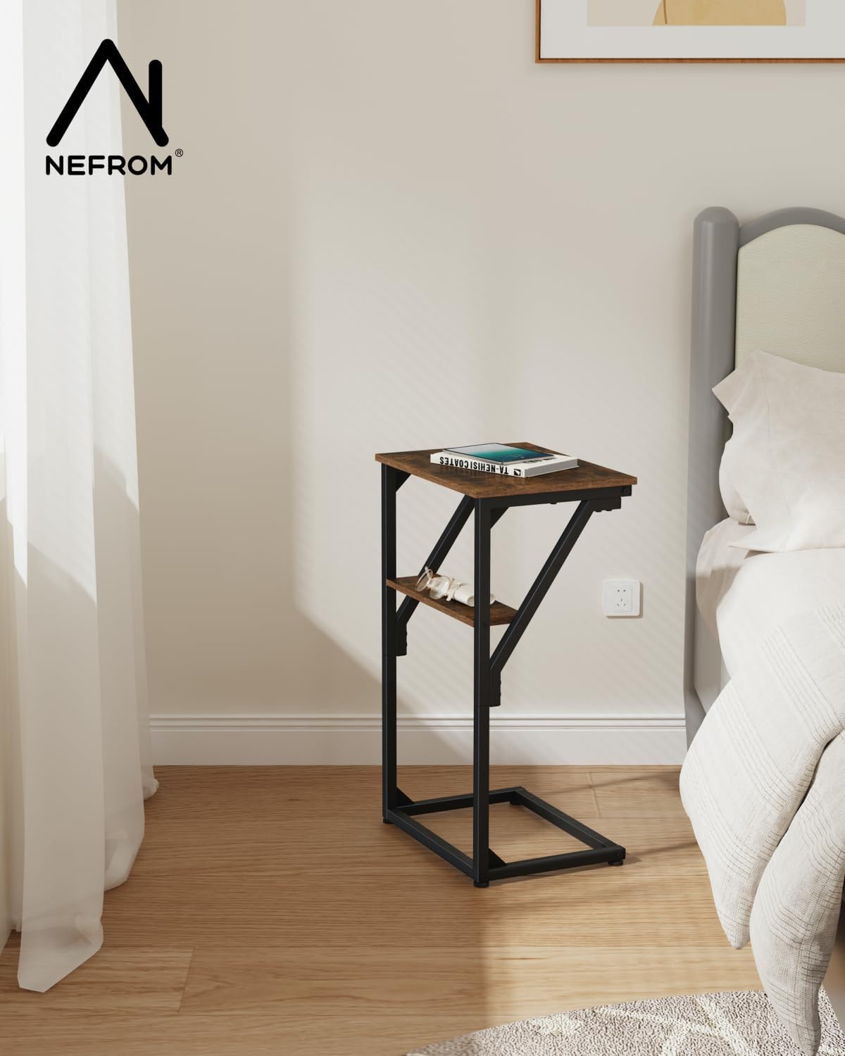 NEFROM Set 2, ET-D-BRW2 C-Shaped End Tables, Sofa TV Trays of Small Couch Side Table for Living Room, Bedroom, Bedside