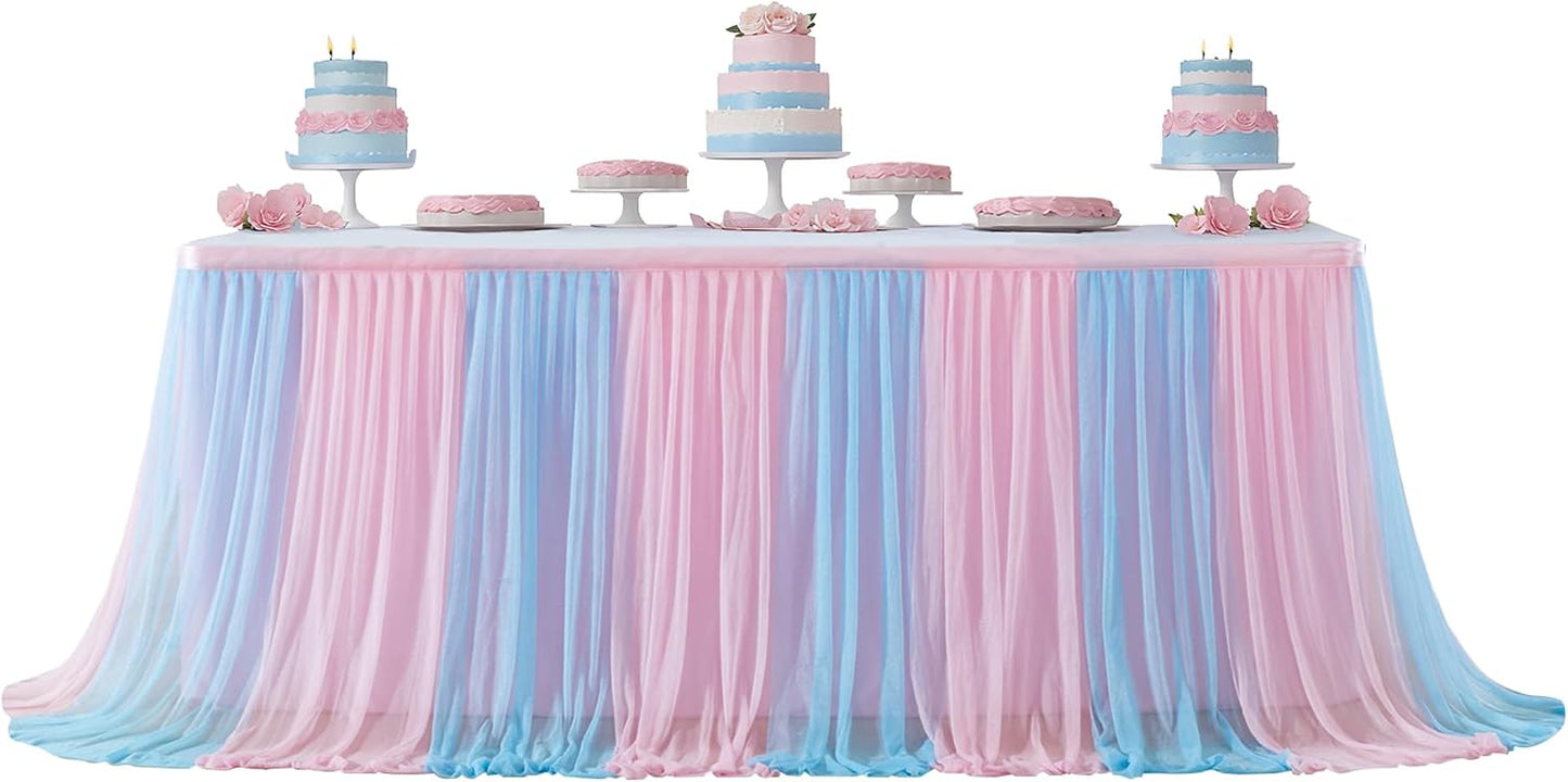 Gender Reveal Table Skirt, 6 Ft Pink Blue Tulle Tutu for Boy or Girl Birthday Party Baby Shower Cake Dessert Decorations