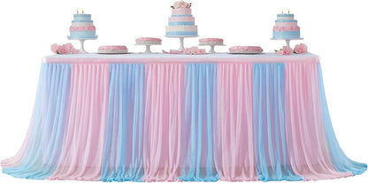 Gender Reveal Table Skirt, 6 Ft Pink Blue Tulle Tutu for Boy or Girl Birthday Party Baby Shower Cake Dessert Decorations
