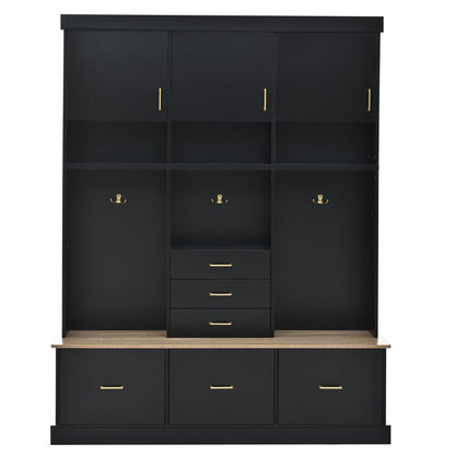 Merax 5-in-1 Hall Tree with Bench and Storage, Modern with Coat Rack, 6 Drawers, 3 Cabinets and 3-Tier Top Storage for Hallway, Entryway, Living Room, Black