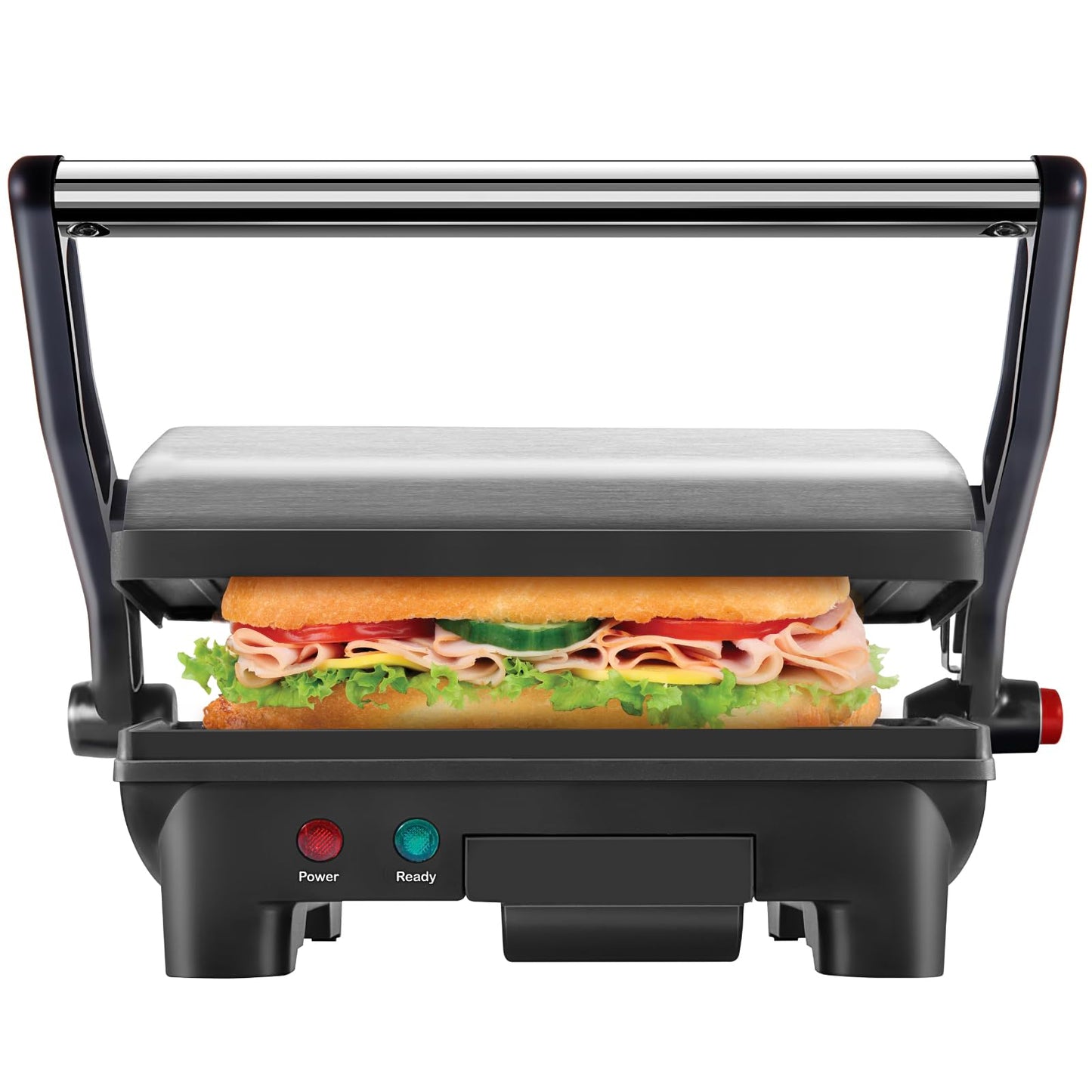 Chefman Electric Panini Press Grill, Compact 2-Slice Sandwich Maker, Non-Stick Coated Plates, Opens 180 Degrees, Dishwasher Safe, Removable Drip Tray, Stainless Steel/Black