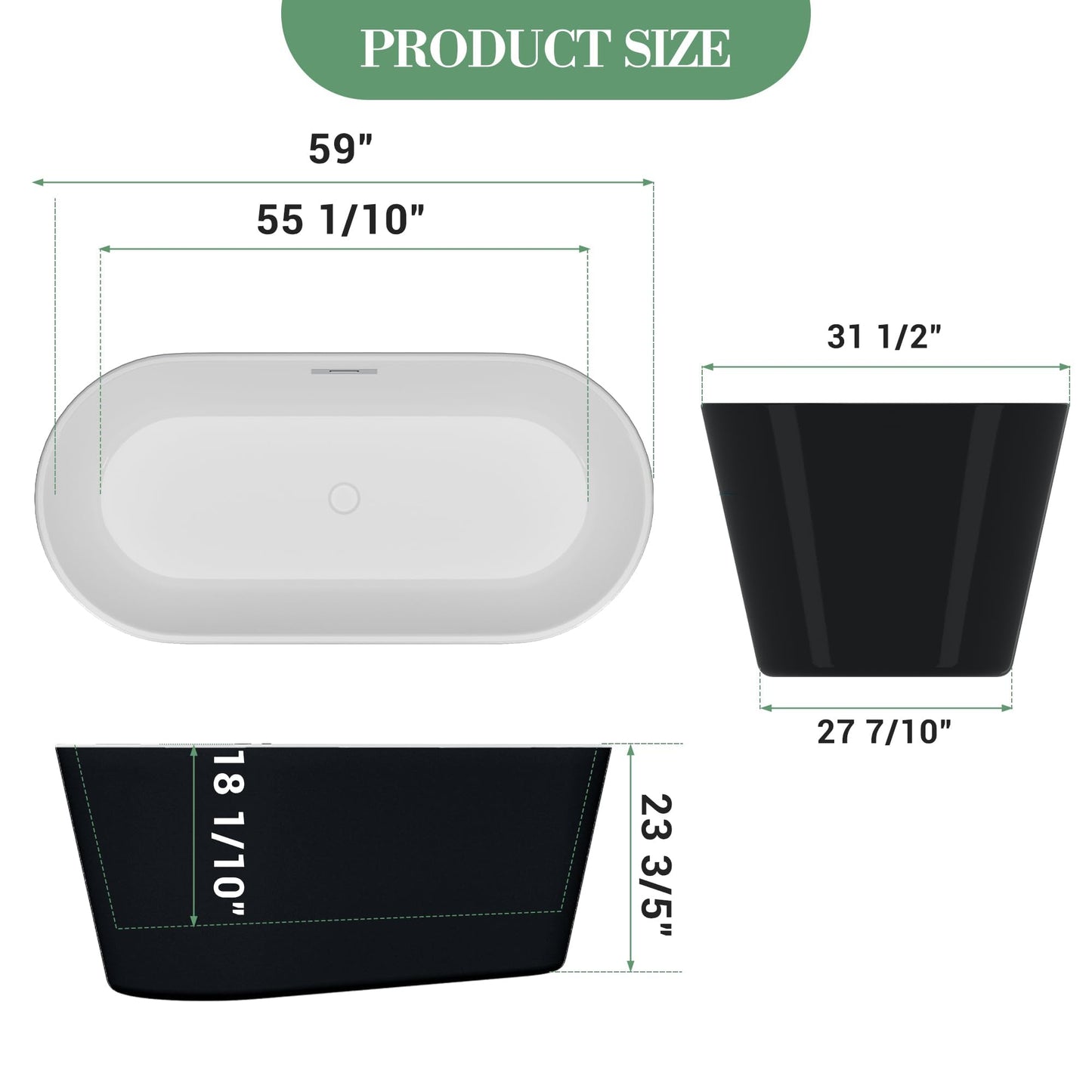 59 Inch Freestanding Bathtub, Acrylic, Deep Soaking Tub with Non-Slip Base, Modern Black Free Standing Tub for Bathrooms, cUPC Certified with Chrome Drain