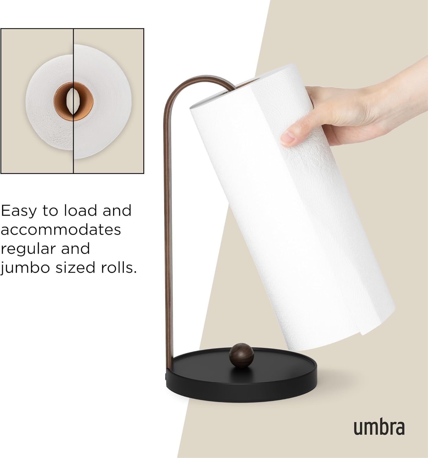 Countertop, Umbra Bellwood Paper Towel Holder for Kitchen with Real Wood Stand and Weighted Metal Base, Black/Walnut