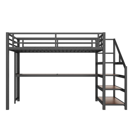 Bellemave Twin XL loft Bed with Storage Stairs, Shelves, Metal Twin XL Loft Beds with LED Lights, USB Ports, Multifunctional Iron Nets for Adults, Kids, Teens, Black