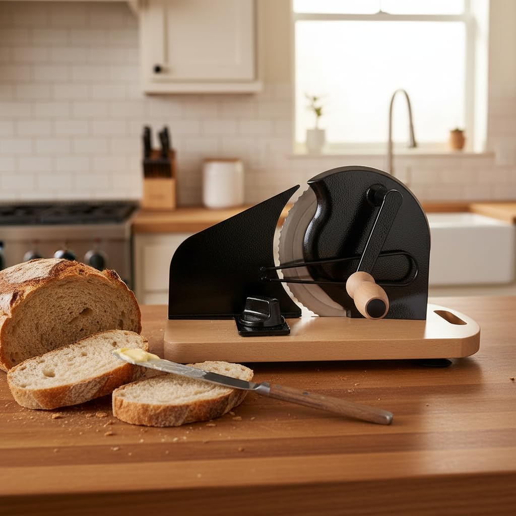 Manual Bread Slicer with Hand Crank - Adjustable Rotary Bread Cutter for Homemade Bread & Sourdough Rounds, Countertop German Style Stainless Steel Bread Slicer Machine & Loaf Slicer