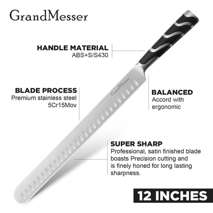 GrandMesser Carving Knife, 12 Inch Slicing Knife for Meat, Premium German Steel with ABS Handle, for BBQ Brisket Turkey Ham Rib Roast Beef with Sharpener.