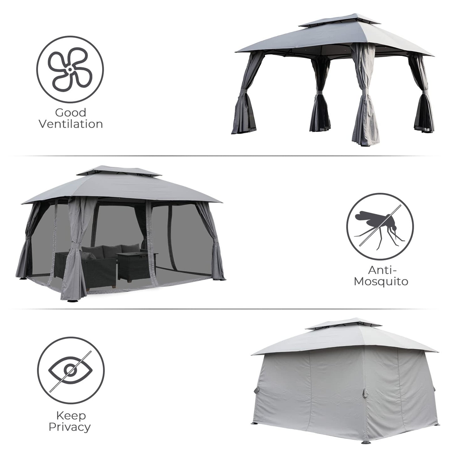 Grand Patio 10x13 Gazebo Double Soft Top Canopy Anti-UV Shelter with Privacy Curtains and Netting for Patio Deck Backyard Garden Lawns