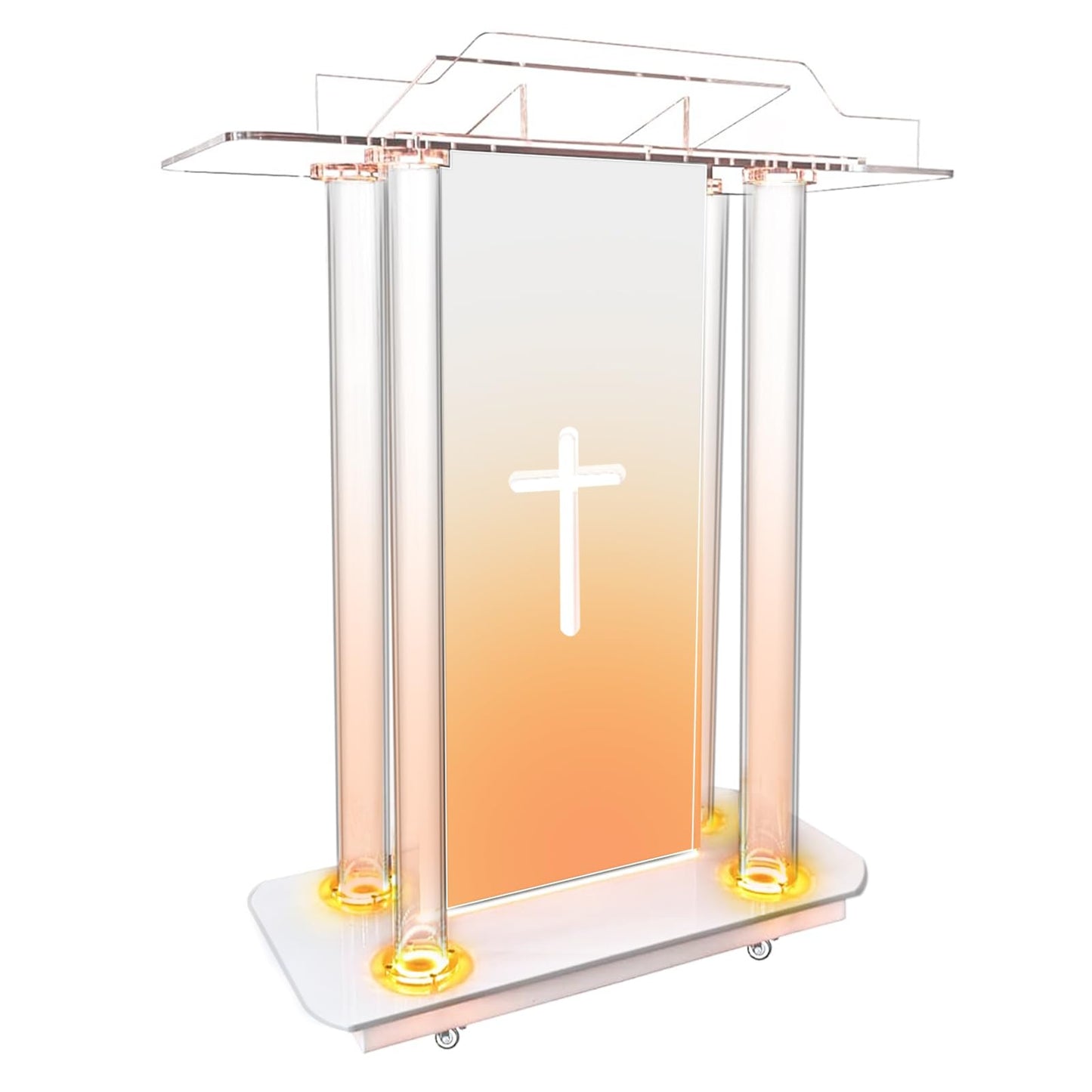 Church Pulpit with 15 Colors Adjustable and 4 Flashing Models, 46” Clear Acrylic Podium with 4 Wheels & Vertical Reading Platform, Lecterns for Churches, Classroom (39.4”L*15.7”W *44”H)