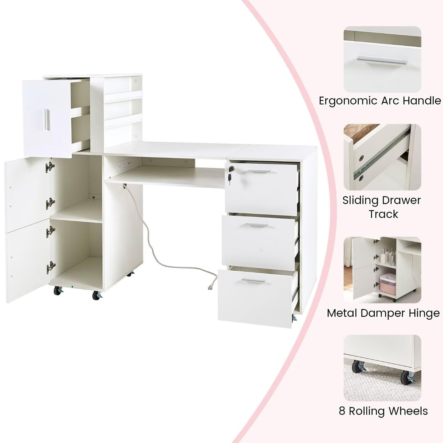 Pekdi Nail Desk for Nail Tech, Professional Manicure Table Nail Station with Power Outlets,Storage Drawers & Cabinet for Beauty Salon, Spa & Home Workstation