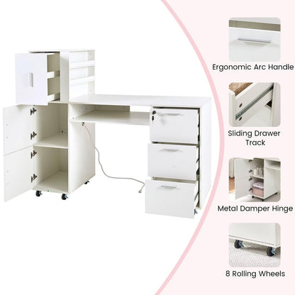 Pekdi Nail Desk for Nail Tech, Professional Manicure Table Nail Station with Power Outlets,Storage Drawers & Cabinet for Beauty Salon, Spa & Home Workstation