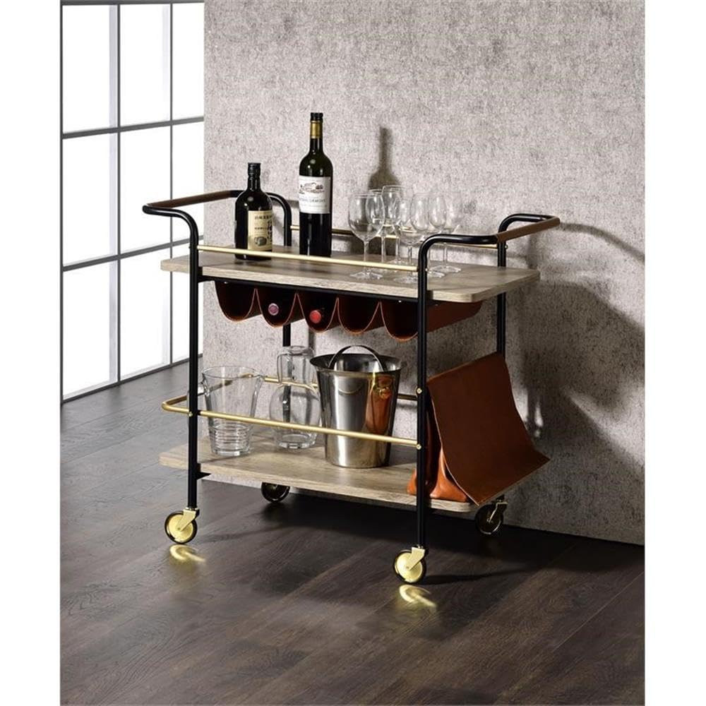 Acme Naude 2-Shelf Wood Serving Cart with Wheel in Gold and Black