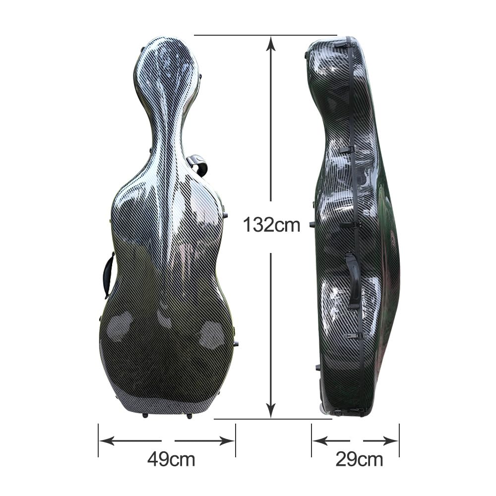 4/4 Full Size Cello Case Hard Mixed Carbon Fiber Strong & Ultralight Cello Box ca. 4.0 kg with Strong Handle & 2 Bow Holders & Back Straps & Wheels (Black)