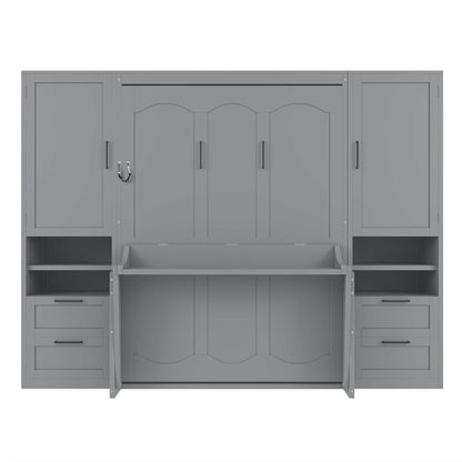 Merax Full Size Murphy Bed with Desk, Closet, Drawers and Shelves, Multifunctional Foldable Wood Platform Bed Frame for Small Spaces Studio Study Office Guest Room, Space-Saving Design, Gray