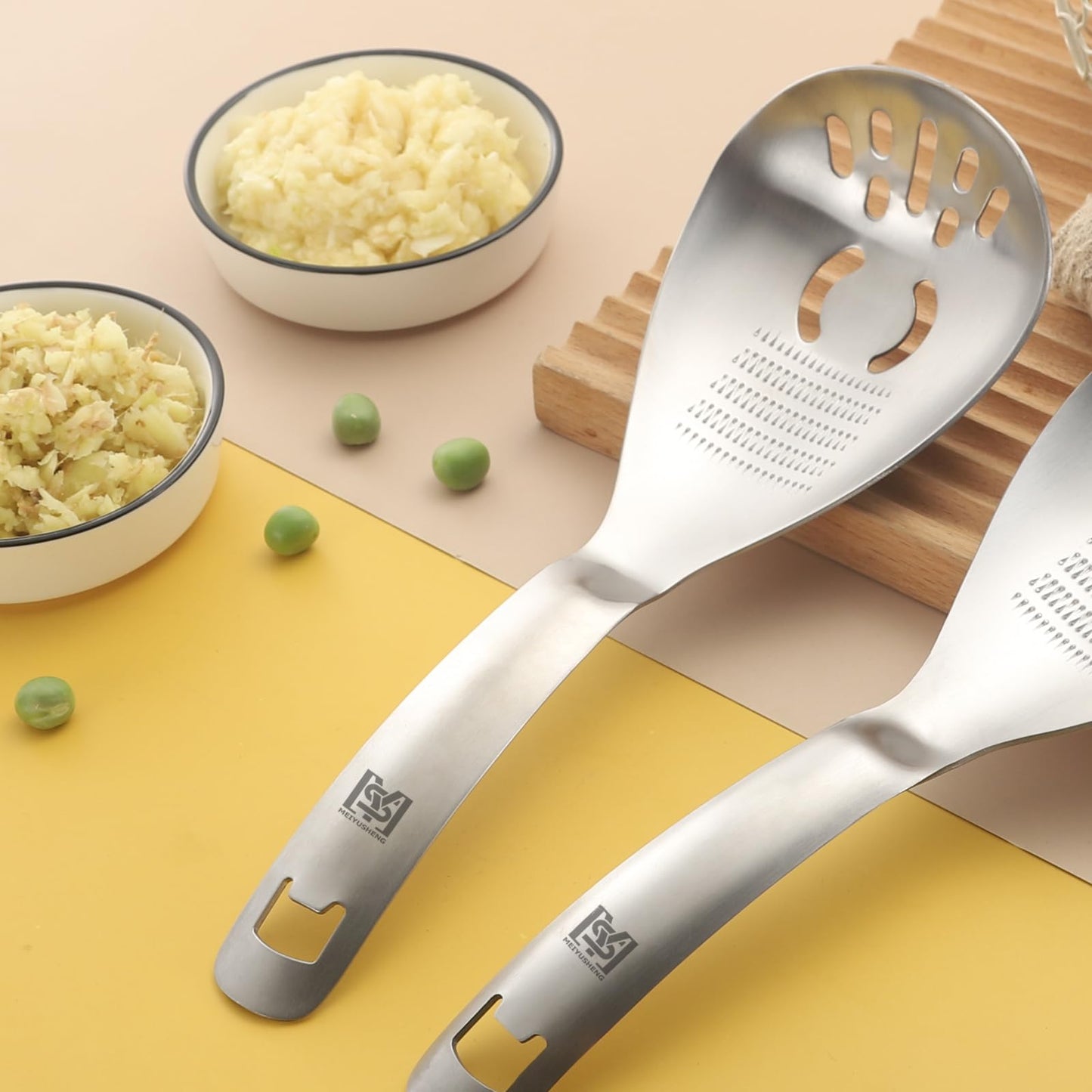 MEIYUSHENG 304 Stainless Steel Multi-Function Pasta Cooking Spoon: Comes with Potato Masher, Egg Yolk Separator, Grater Plate, Bottle Opener & Slotted Spoon