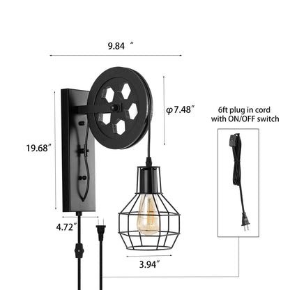 BAODEN Plug in Wall Sconce Rustic Wall Light Lift Pulley Matte Iron Cage Shade Metal Black Industrial Mid Century Wall Lamp Indoor Lighting Barn Restaurant