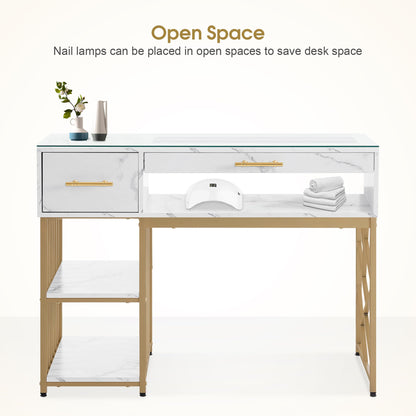 BarberPub Modern Manicure Table with Drawers, Marbling Texture Nail Desk with Storage Shelves, Glass Top, Beauty Salon Nail Station 2460 (White)