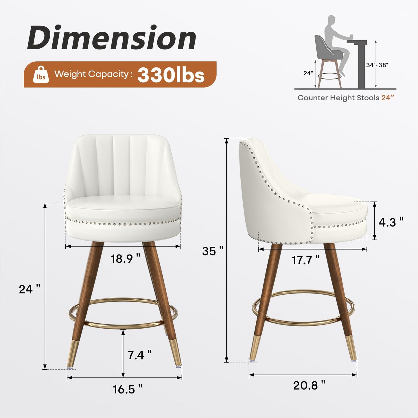 Sucrever Counter Height Bar Stools Set of 4, 24" Leather White Bar Stools with Backs, Swivel Counter Stools with Wooden Legs for Kitchen, Dining Room, Bar, Cream White