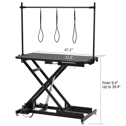 PioneerWorks Electric Dog Grooming Table, Height Adjustable (9.4"-39.4") Pet Grooming Table with Leveling Wheels, X-Lift, Anti-Slip Tabletop, 47" Heavy Duty Dog Grooming Station, Black