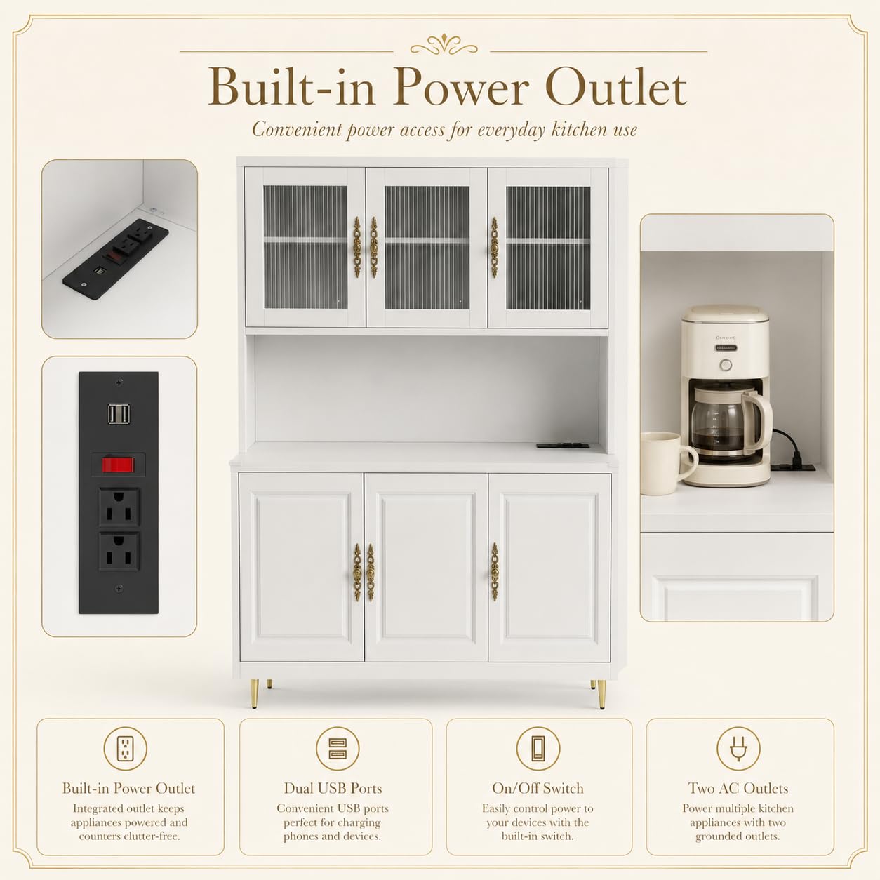 AUN Metal Pantry Cabinet with Charging Station - 68" Multi-Scene Storage Cabinet for Kitchen, Coffee Bar, Dining Room | Adjustable Shelves & Soft-Close Doors,White