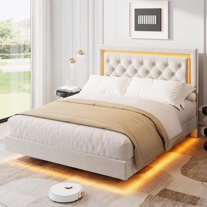 Garvee Floating Bed Frame Queen Size with Smart Led Lights, Upholstered Platform Bed with Diamond Headboard, Solid Wood Slats Support, No Box Spring Needed, Noise-Free, Easy Assembly, White