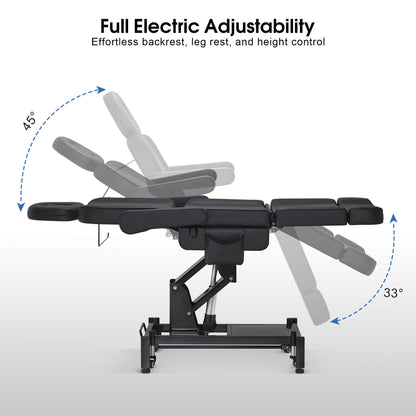 BarberPub Fully Electric Beauty Bed, 3-Motor Salon Spa Chair with Foot-Controlled Wheels, Adjustable Height, Backrest & Leg Rest – PVC Leather, Professional Facial & Treatment Table 2754 (Black)