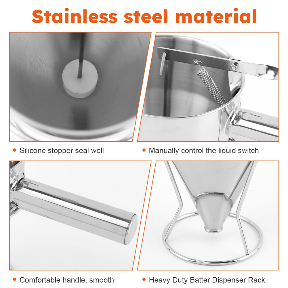 Cake Batter Dispenser, Stainless Steel Funnel Cake Dispenser with 4 Silicone Nozzles with Stand Baking Tool for Pancakes Cupcakes Muffins Crepes Waffles(40oz,1200ml)