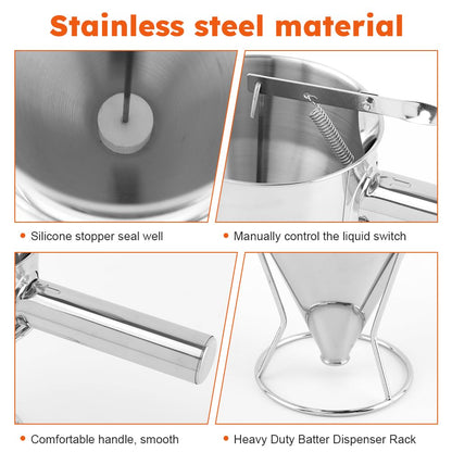 Cake Batter Dispenser, Stainless Steel Funnel Cake Dispenser with 4 Silicone Nozzles with Stand Baking Tool for Pancakes Cupcakes Muffins Crepes Waffles(40oz,1200ml)